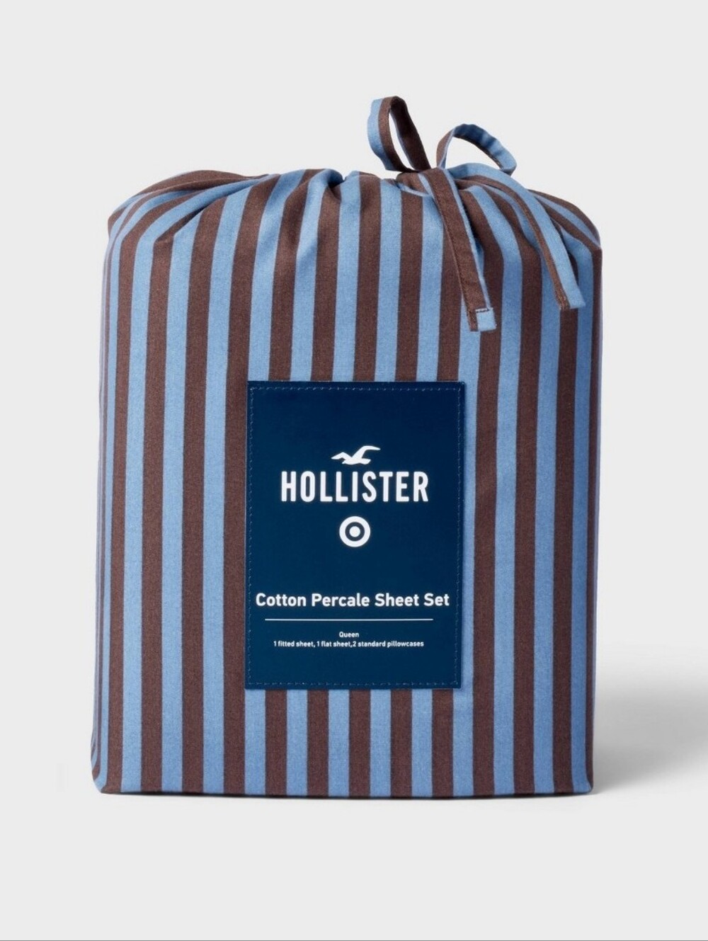 QUEEN Hollister Target Percale Stripe Sheet Set Blue/ Brown